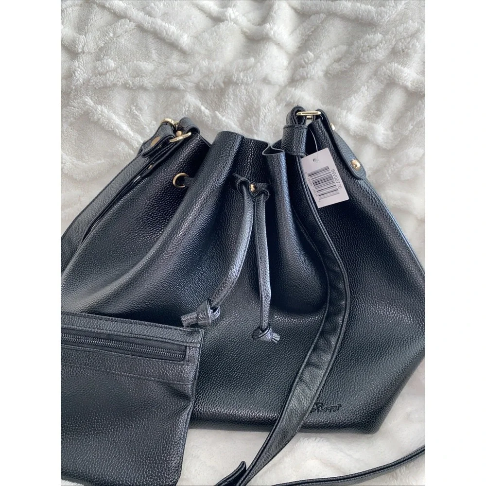 NWT‎ Bella Russo Black Cinched Fake Pebbled Leather Tote Bad Purse Set